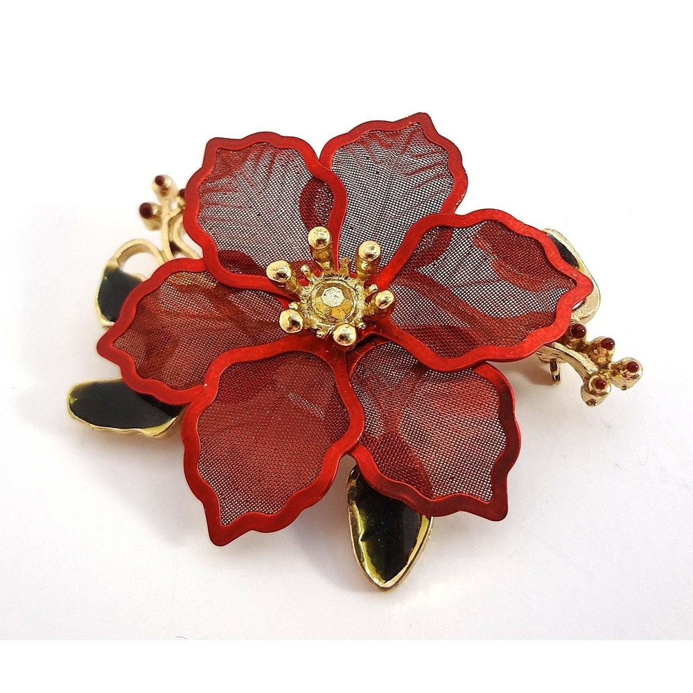Vintage Christmas Poinsettia Brooch Gold Tone Rhinestone‎ Enamel Leaf Floral Pin